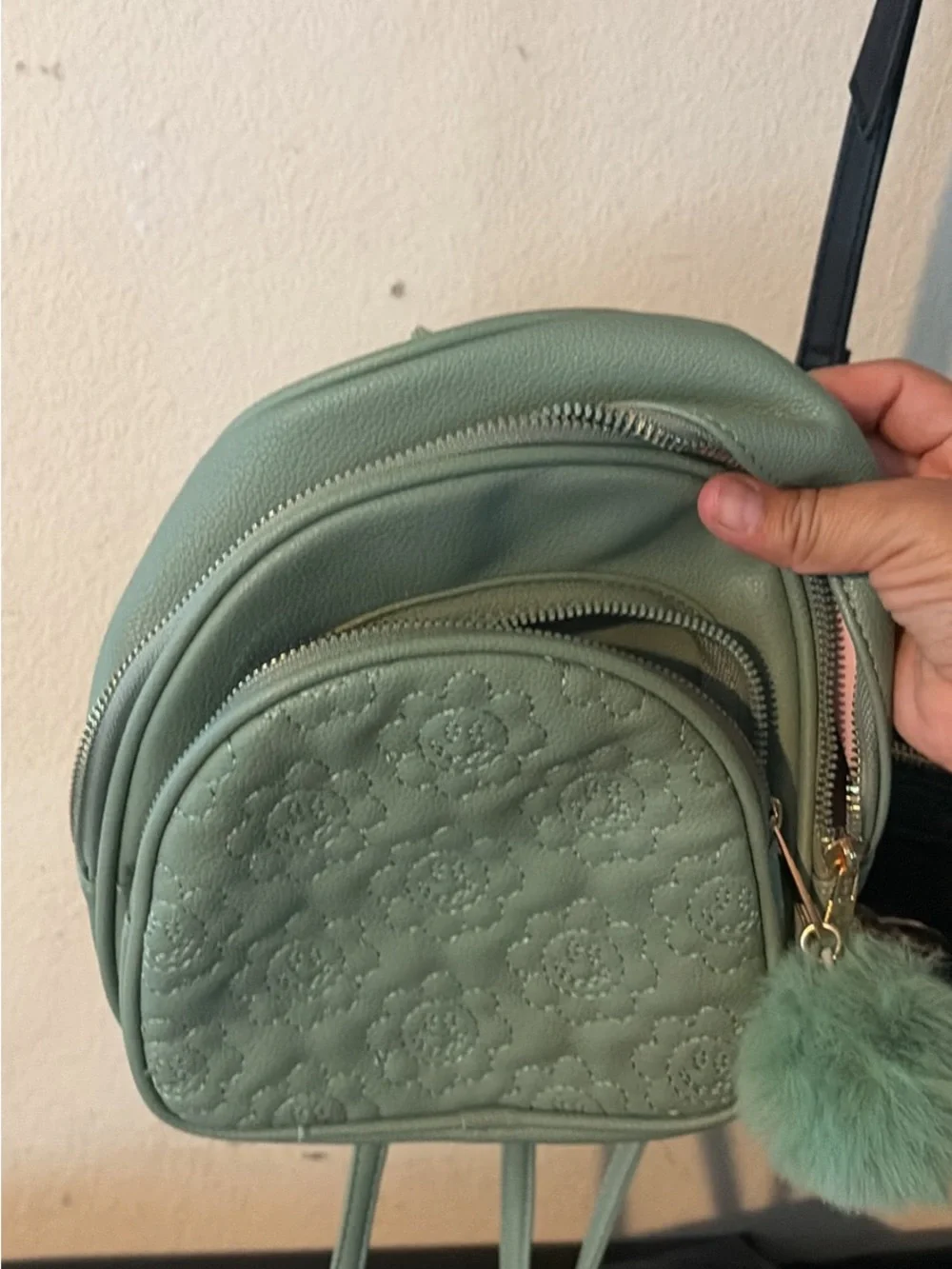 Juicy Couture Mint Green Quilted Floral Mini Backpack with Pom Pom